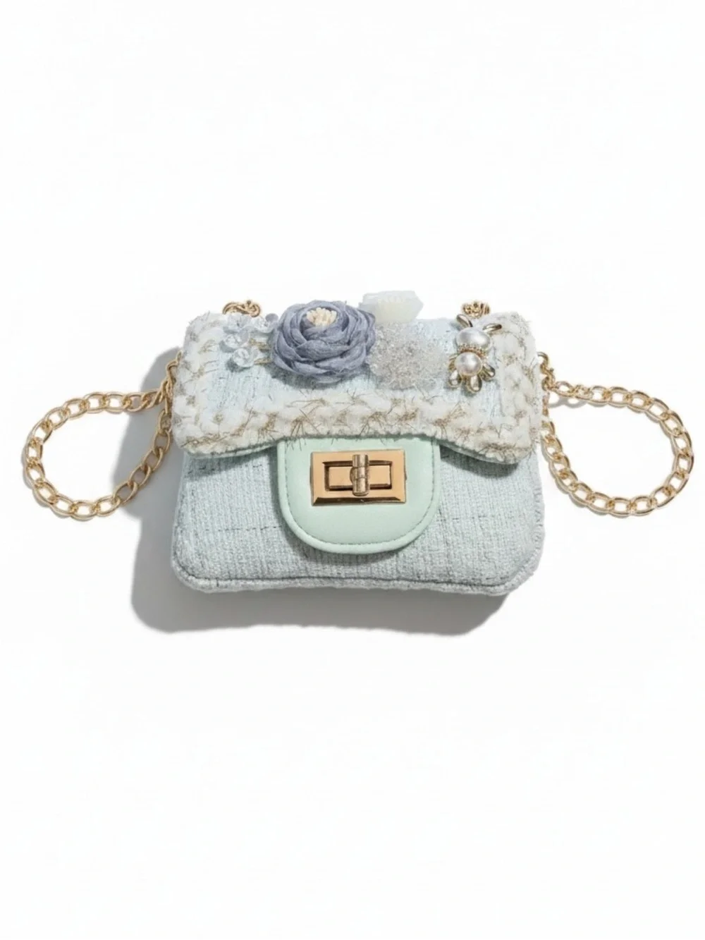 New Girls' Mint Tweed with Charms Mini Crossbody Shoulder Bag Purse Chain Strap